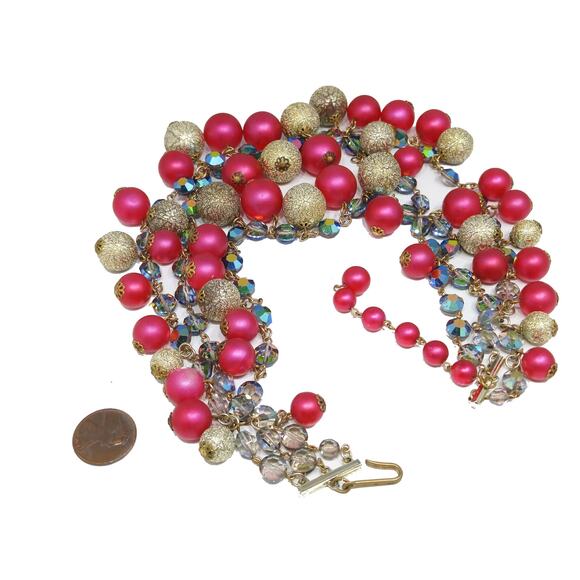 Vintage AB Crystals Red & Gold Beaded Necklace, Three Strands, 1960s - Picture 8 of 10